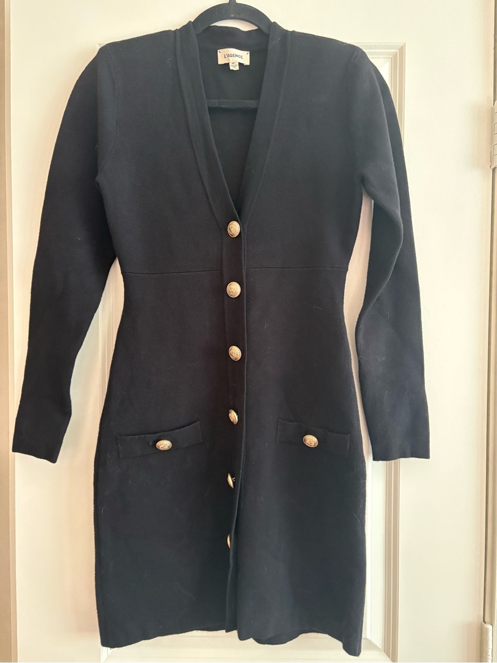 L'AGENCE Black Long Knit Blazer Dress with Gold Buttons